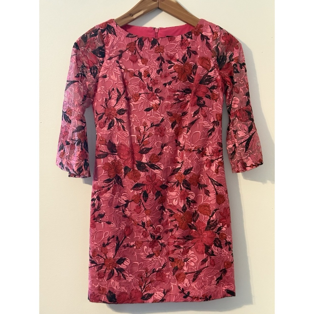 Badgley Mischka Romantic Sheath Dress Embroid Lace  2 Party Silk Red Pink Floral